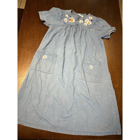 Go Softly Patio Denim Floral Embroidered Dress Women L Grandma Grunge Comfy Flaw - Picture 1 of 10
